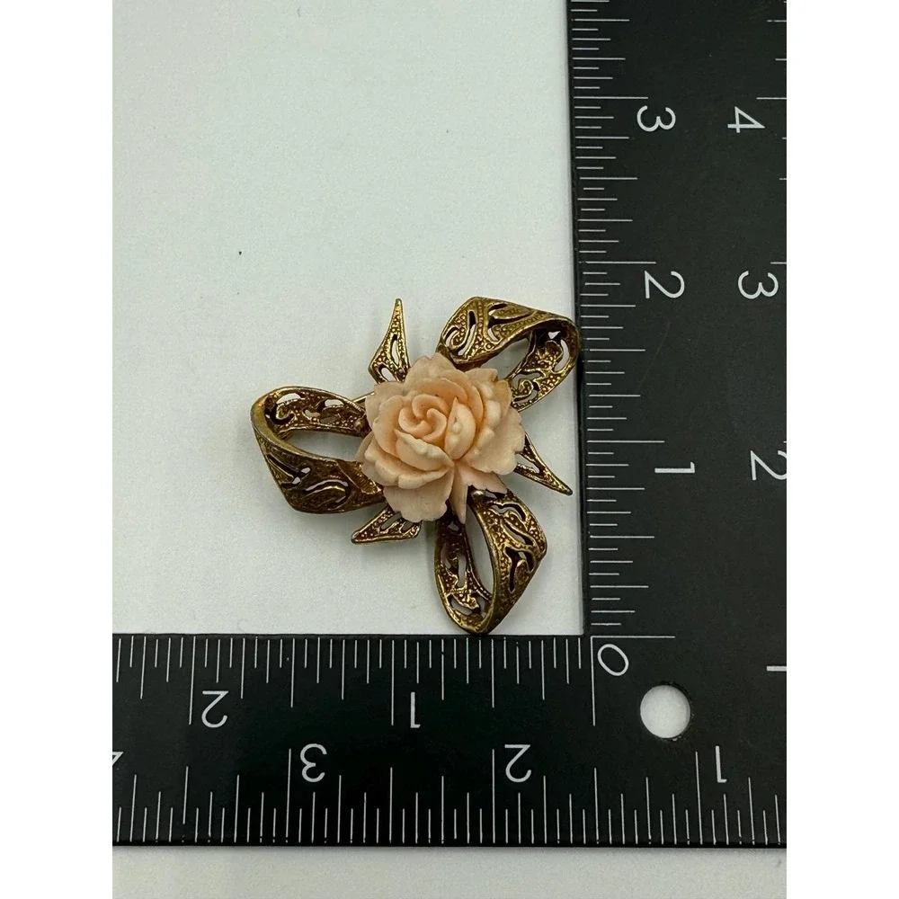 Vintage Rose Brooch Pink Floral Filigree Gold Tone Pin